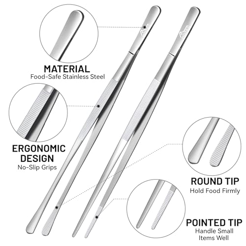 HOTEC Kitchen Tweezers Stainless Steel Cooking Tweezers 4 Pcs-10" and 12" - color: Silver, size: 4PCS: 12 & 10 Inch