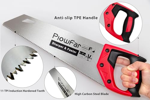 14 inch Hand Saw 11TPI Pro Fine Cut for Wood, Plastic Pipes, Drywall, Trees Trimming & Pruning, Sharp for Woodworking, Red