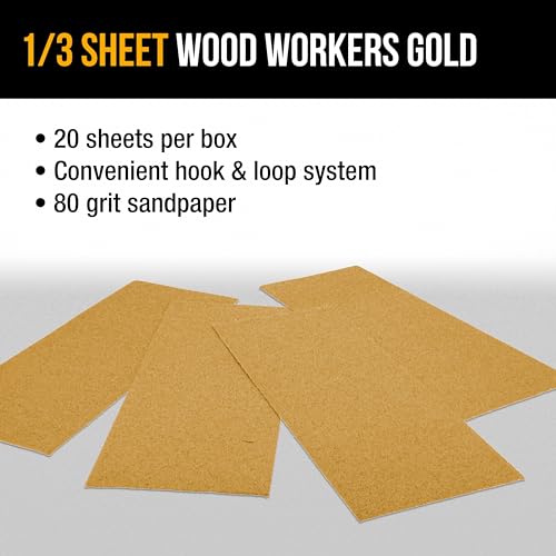 Dura-Gold 1/3 Sheet Gold Sandpaper Sheets, 80 Grit, Box of 20, Hook & Loop - size: 80-Grit