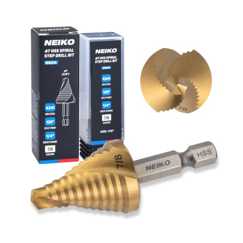 NEIKO 10621A Step Drill Bit, 1 Step 7/8" Spiral High Speed Steel, Titanium Nitride Coated, 1/4" Quick Change Step Bits for Steel, Metal, Wood, Plastic, Unibit Cone Drill Bits, Two Flute - size: #7 (7/8", 1S), style: Spiral