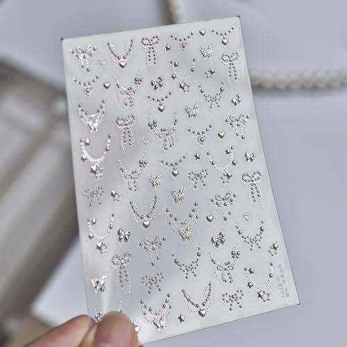 1 Sheet Y2k Silver Bow Stars Heart Nail Art Stickers 5D Embossed Pearl Chains Nail Decals Cute Butterfly Nail Art Sticker Star Bow Nail Stickers for Nail Art Nail Supplies for Women Manicure DIY Decor - color: Silver Pearl Chain Bow