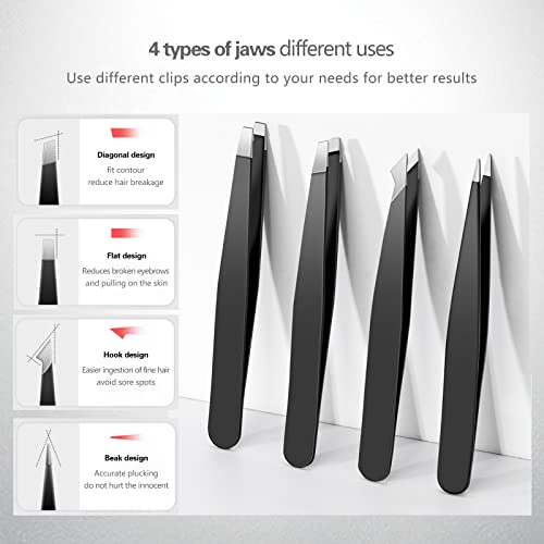 Derlaier 4Pcs Steel Tweezers Set, Eyebrow Blackhead Ingrown Hair Tool - color: Black