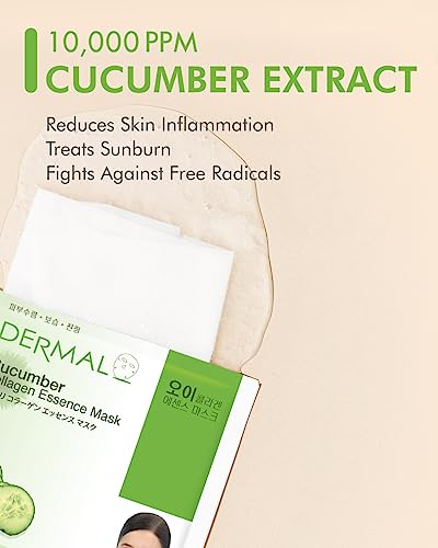 DERMAL Cucumber Collagen Cooling Sheet Mask, Soothing Hydration, 10 Pack - color: Cucumber