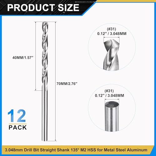 PATIKIL #31 Drill Bit Micro M2 High-Speed Steel 118° for Metal 12 Pack - size: #31 (3.048mm)