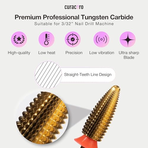 Curacoro Nail Drill Bits 3/32'' Typhoon Bits, 2 Way, Carbide Bit (Fine) - color: Yellow Titanium - Typhoon Bit, size: Fine