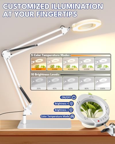 15X Magnifying Glass with Light and Stand, 84 LED Magnifying Desk Lamp with Clamp and Base, 10 Dimmable Brightness 5 Color Modes, Hands Free Lighted Magnifying Glass for Close Work, White