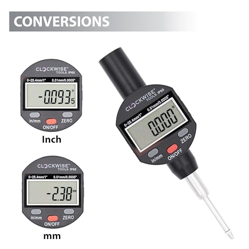 Clockwise Tools IP65 Grade Digital Indicator, DPIR-0105, 0-1 Inch/25.4mm, Inch/Metric Conversion - style: DPIR-0105; 0-1"/25.4mm; IP65 Grade