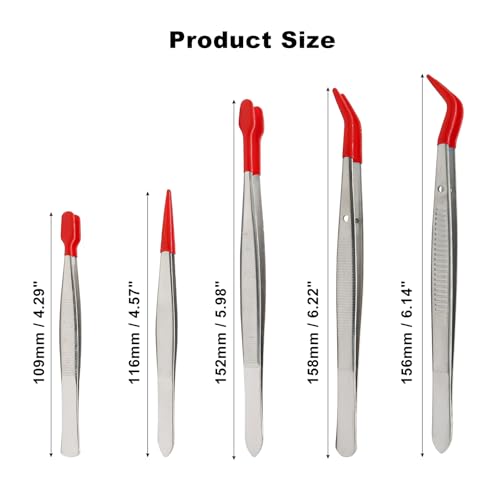5Pcs Tweezers Set, Non-Scratch Rubber Tip, Red - color: Red