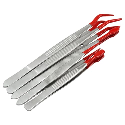 5Pcs Tweezers Set, Non-Scratch Rubber Tip, Red - color: Red