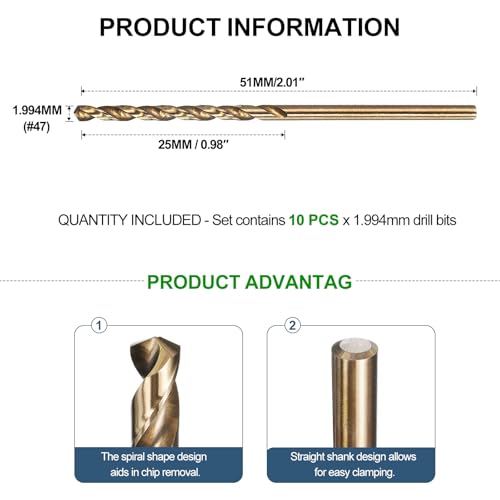 METALLIXITY Micro Drill Bit #47 10Pcs 4341 HSS Small Bits 118° Gold Finish - size: #47 (1.994mm)