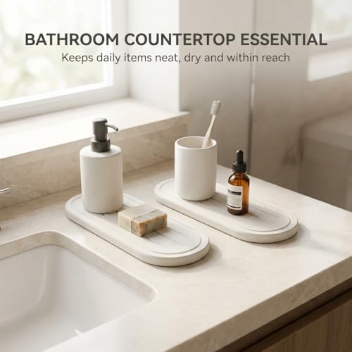 Razborci 2PCS Water Absorbing Stone Drying Tray Mat for Bathroom Sink & Kitchen Counter Faucet Organizer Decor, Quick Dry Dish Soap Dispenser Sponge Holder, Vanity Sink Caddy Coaster,White -10"*3.8" - color: 2 Pack - White, size: 10" x 3.8"