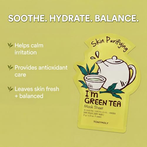 TONYMOLY I'm Face Sheet Masks - Hydrating & Soothing Korean Skincare - color: Green Tea, 1 Pack
