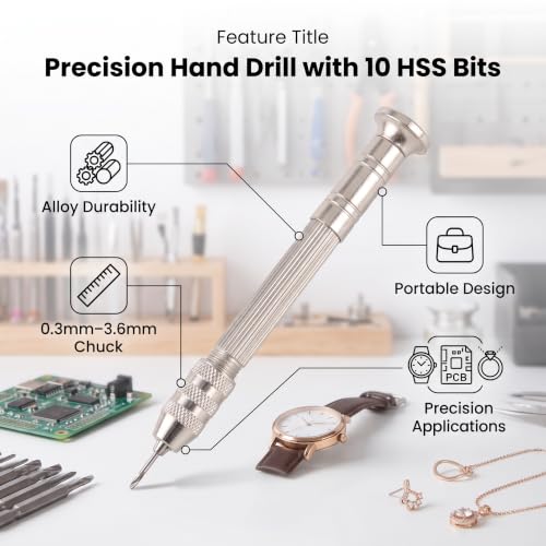 Precision Pin Vise Hand Drill with 10Pcs HSS Drill Bits Set 0.5-2mm Mini Hand Drill Tool Kit for Jewelry Making Model Building Craft Projects