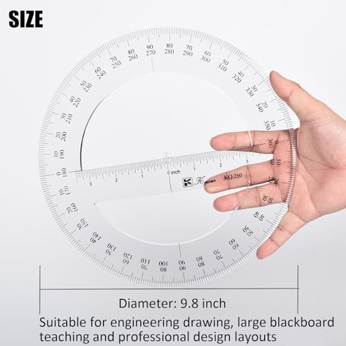 SEIWEI 360 Degree Protractor, 9.8 Inch Math Circle Ruler, Clear Plastic Angle Measurement Tool with Accurate Scale, Large Round Protractor for Geometry, Engineering, Drafting, School & Office - size: 9.8 Inch / 25 cm