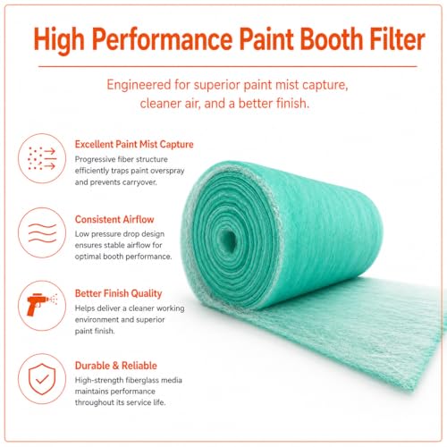 Paint Spray Booth Exhaust Fiberglass Filter (48" x 300ft), High Paint Capture Efficiency - size: 48" x 300 (ft)