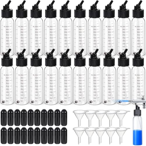 Singhoow 20 Set Airbrush Siphon Bottles Jars 2.12 Ounce(60cc) Plastic Paint Containers with Funnel Dual-action Siphon Suction Feed Airbrush Accessories Resealable for Storing Various Paints and Liquid - size: 60cc