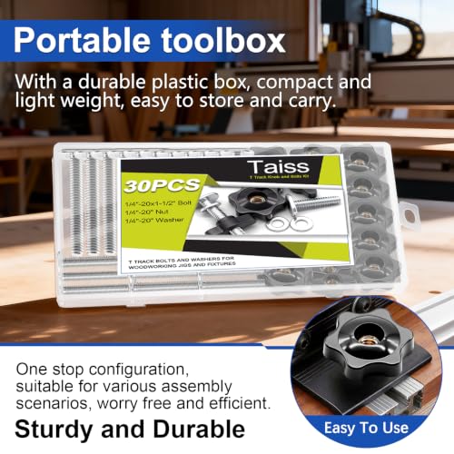 Taiss 30PCS 1/4"-20 T Track Knob and Bolt Kit,1-1/2" T Track Bolts,1/4"-20 Star Knobs with Washers,T Track Accessories for Wood Working Jigs and Fixtures - size: 30PCS 1/4"-20 1 Size