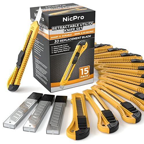 Nicpro 15 Pack Utility Knives with 30 PCS Extra Blades, Plastic Box Cutters - style: 15 Pack（18 mm）