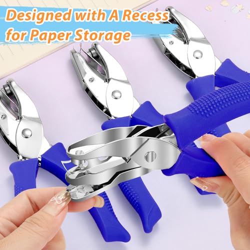 4 Packs Shape Hole Punch Set - 1/4" Circle, Heart, Star, Triangle Puncher with Soft Grip for Binder, Scrapbooking, Cards | Paper Craft Tools with Storage Slot & Reinforcement Stickers (Blue)