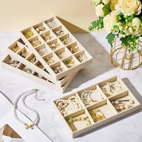 Junkin 12 Pcs Velvet Jewelry Organizer Tray, Stackable Storage - color: Beige