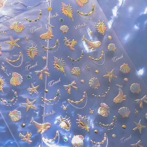 1 Sheet Starfish Nail Art Stickers Holographic Laser Summer Nail Stickers Shiny Shell Light 5D Embossed Starfish Nail Decals Marine Life Dolphin Conch Nails Design Ocean Beach Nail Supplies for Women - style: conch
