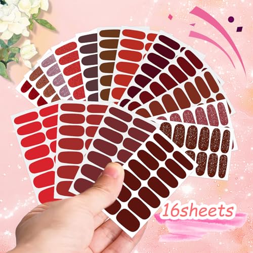 224PCS/16 Sheets Nail Polish Strips - Red Solid Color Gel Nail Stickers Full Nail Wraps UV Free | Easy to Stick | Adhesive Sticker Nails for Women with 1 File, 1 Cuticle Stick