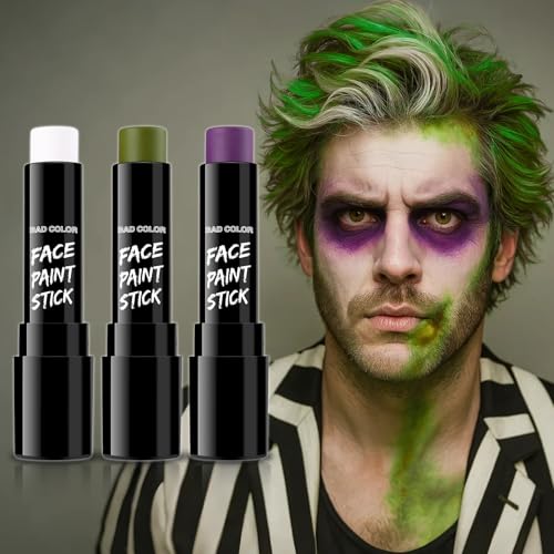 BADCOLOR 3PCS White Ogre Green Purple Face Body Paint Stick Makeup for Beetle-juice/ Frankenstein SFX Cosplay & Dress Up, Full-Coverage Halloween Facepaint Makeup Kit - color: 3PCS Beetle-juice/Monster