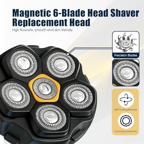 Magnetic 6-Blade Replacement Heads for Electric Shavers, Compatible with Most 6D Rotary Shavers, Precision Self-Sharpening Blades, Easy Install, Hypoallergenic, Waterproof,(1 Pack)