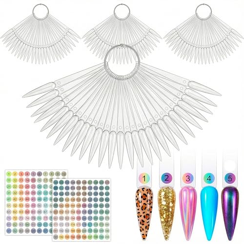 200 Pcs Nail Swatch Sticks Stiletto with 4 Metal Rings & Numbering Stickers - color: 200 Pcs Clear Acrylic Nail Swatch Sticks Stiletto
