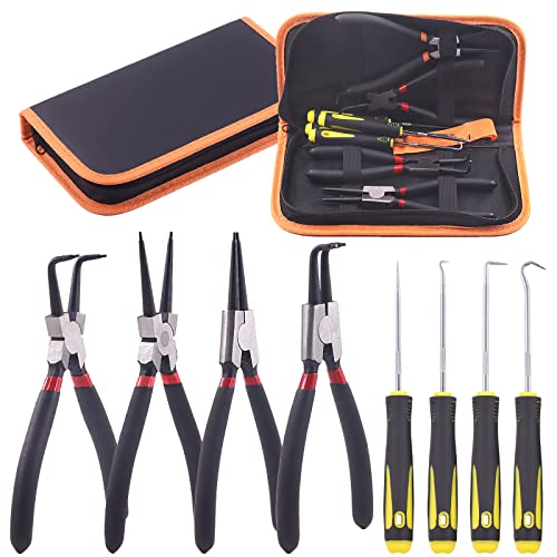 Keadic 8Pcs 7Inch Snap Ring Pliers with Hook Set Includes Straight/Bent/Jaw/Tips C-Clip Pliers Kit, Heavy Duty Circlip Pliers Kit, Internal/External Precision Spring Loaded Plier for Ring Removing