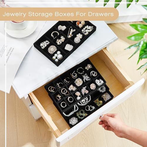 Junkin 12 Pcs Velvet Jewelry Organizer Tray, Stackable Storage - color: Black