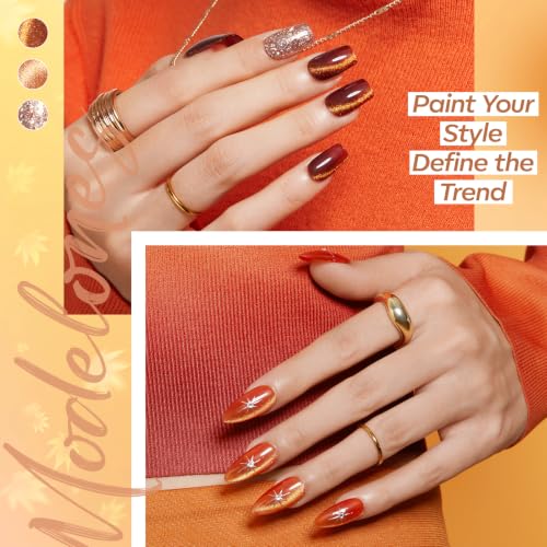modelones Fall Cat Eye Gel Nail Polish Set, Nude Brown Yellow Burnt Orange - color: A A A0 Glimmering Fall Days