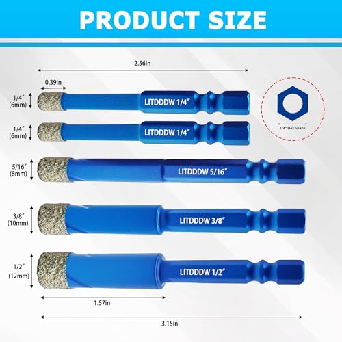 Tile Drill Bits,5 Pack Diamond Drill Bits for Ceramic(1/4"-1/2") - size: 5 Pcs 1/4"-1/2"