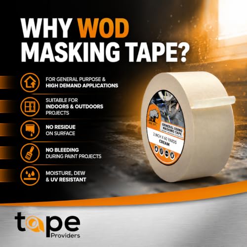 WOD Utility Grade General Purpose Masking Tape, 2 inch x 60 yds (Pack of 6) Great for Home or Office, Painting, or Labeling, Adhesive Leaves no Residue - size: 2 inch - Pack of 6