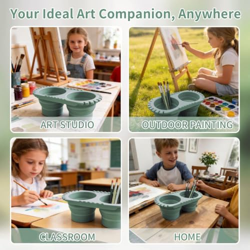 Paint Brush Cleaner Cup, Foldable Silicone Brush Cleaning Rinse Cup with Dual Compartment Cleaning Container and Brush Holder for Acrylic, Watercolor & Art Supplies - color: Green