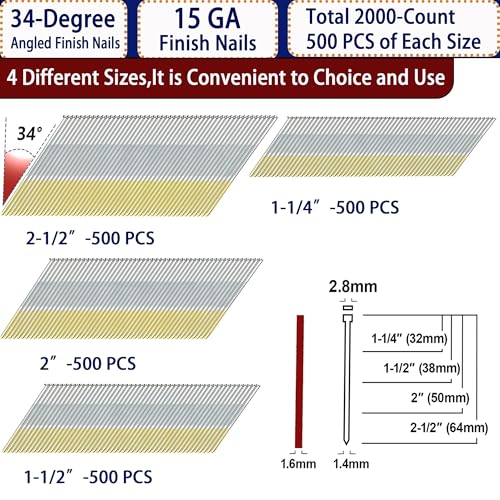 HW HAMWOO 15 Gauge Finish Nails,1-1/4",1-1/2",2",2-1/2",2000pcs - size: Assembly--2000pcs