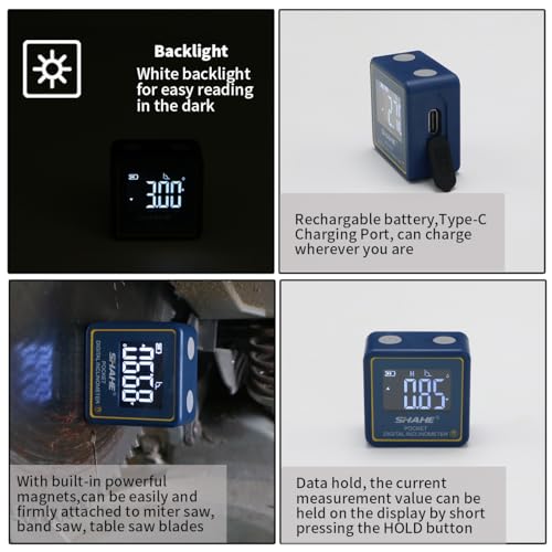 SHAHE Small Digital Level Rechargeable Protractor Inclinometer Digital Angle Gauge Mini Protractor Angle Finder Measuring Tool for Woodworking Table saw
