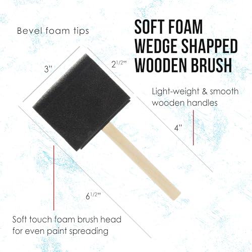 US Art Supply 3 inch Foam Sponge Wood Handle Paint Brush Set, Pack of 15