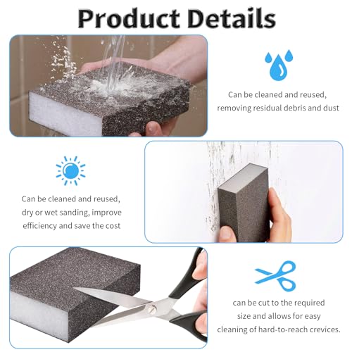 6 Pcs Sanding Sponge, 120-180 Grit, Wet Dry, Four Sided, Gray - size: Medium #120-180