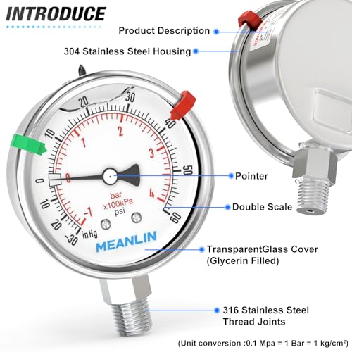 MEANLIN MEASURE -30inHG~60Psi Vacuum Pressure Gauge 316 Stainless Steel Joint 1/4" NPT 2.5" FACE DIAL, Stainless Steel Liquid Filled Pressure Gauge WOG Water Oil Air Lower Mount, 2PCS Snaps - size: -30inHG-60Psi, style: Lower Mount