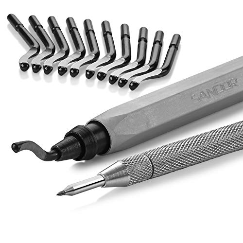 Deburring Tool - 10 Extra Blades and Scribe Pen and Zipper Storage Case - Machinist Tool for Metal, Aluminum, Copper, Plastic Pipe, 3D Printing, Brass