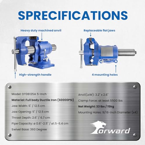 Forward DT08125A 5 Inch Heavy Duty Bench Vise with 360°Swivel Base and Head - size: 5 Inch