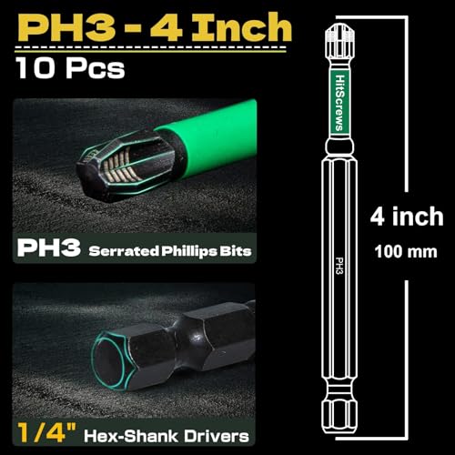 PH3 Anti-Slip Phillips Bits 4 Inch, 10 Pack – Long Magnetic S2 Tool Steel Impact Driver Bits #3 with CNC Machined Tip, Laser Grip for Power Drill and Heavy-Duty Construction - size: 4 Inch, 10 Pack, style: PH3