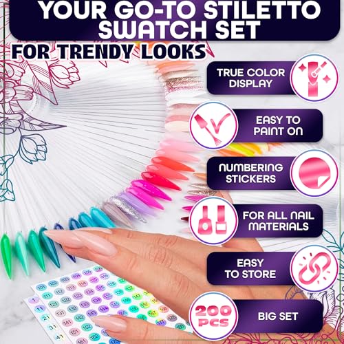 200 Pcs Nail Swatch Sticks Stiletto with 4 Metal Rings & Numbering Stickers - color: 200 Pcs Clear Acrylic Nail Swatch Sticks Stiletto