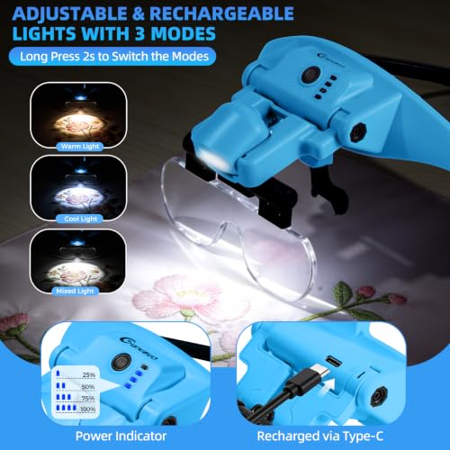 Rechargeable Magnifying Glasses with Light 1.5X-5X,Magnetic Headset - color: Blue