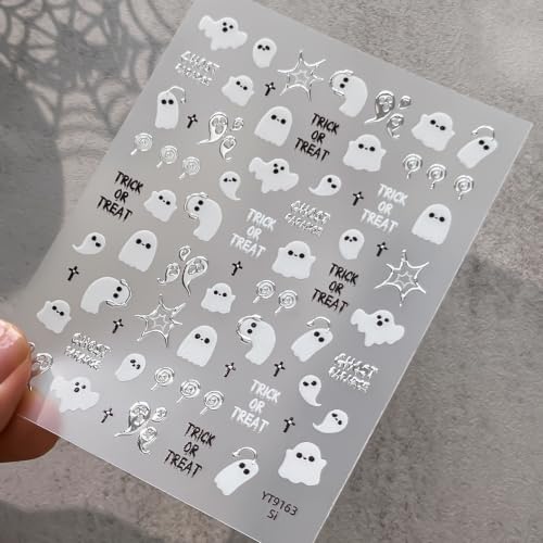 1 Sheets Halloween Nail Stickers for Nail Art Cute Music Ghost 5D Embossed Self Adhesive Nails Decals Gothic Silver Ghost Nails Supplies Spider Web Manicure Design for Women Nails Decoration - color: Halloween Spider Web