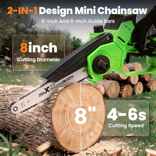 maXpeedingrods Electric Chainsaw Cordless, 8 Inch & 6 Inch Mini Chainsaw - color: Light Green 1 Battery 8 Inch