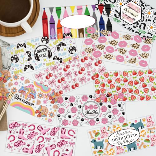 12 Sheets Transfers Stickers, Rub on Transfers Flower Game Western Country Theme Cup Wraps Decal Waterproof Printing UV Transfer Paper for 16 oz Glass Cups DIY Crafts - style: Mixed Shape