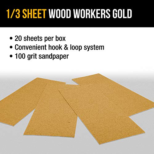 Dura-Gold 1/3 Sheet Gold Sandpaper Sheets, 100 Grit, Box of 20, Hook & Loop - size: 100-Grit