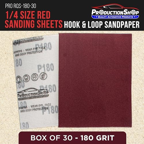 ProductionShop Premium Red 180 Grit 1/4 Sheet Size Red Sanding Sheets, Box of 30 - Hook & Loop Backing Sandpaper, Medium-Cut Abrasive - Fits Palm Sanders, Hand Sanding Blocks - Woodworking, Auto Paint - style: 180 Grit